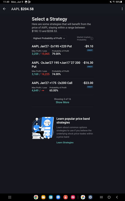 The options wizard select strategy on the Android Tablet